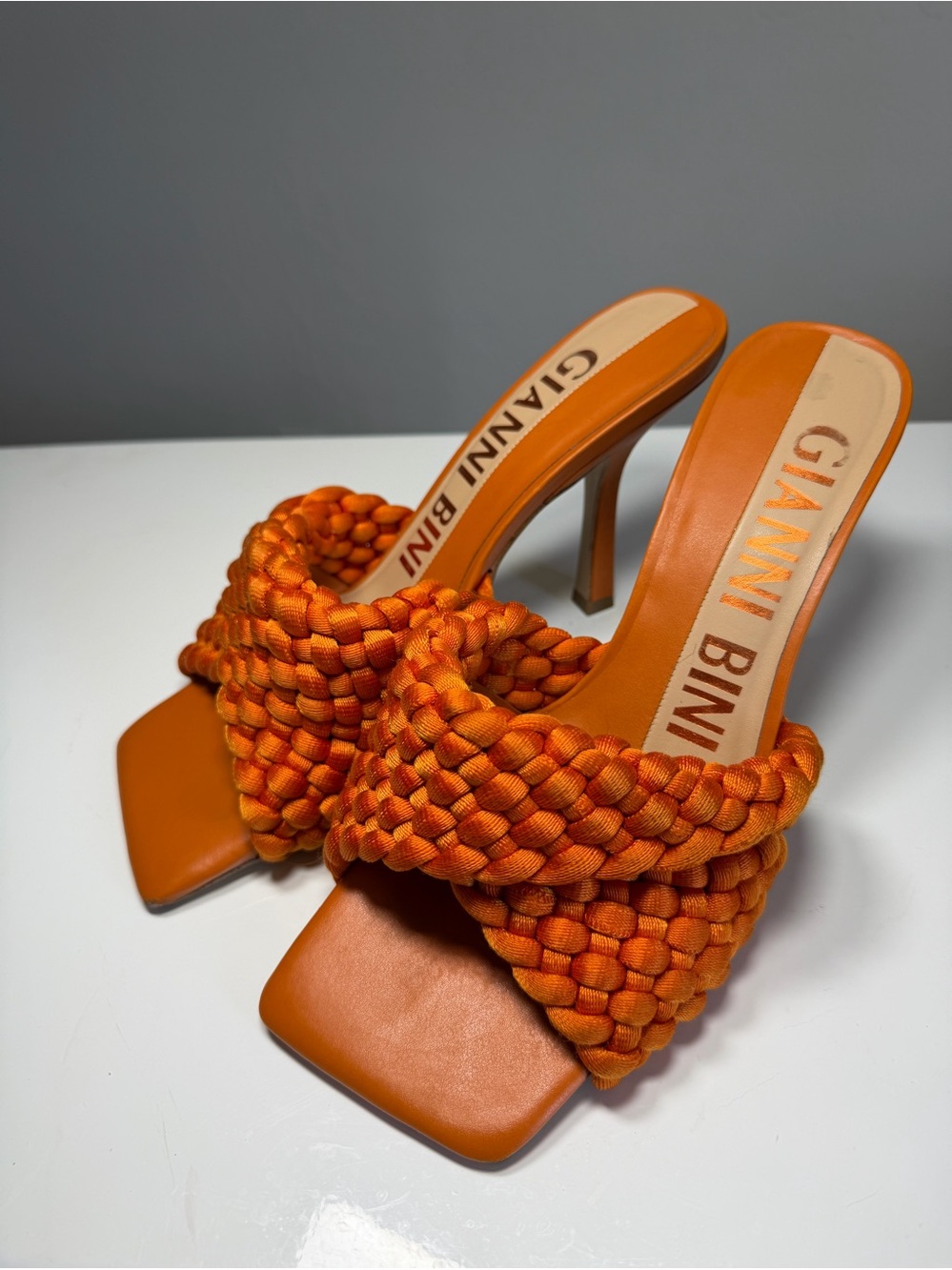 Gianni Bini Keita Orange Woven Square Toe Stiletto Mule Heels Sz 10M